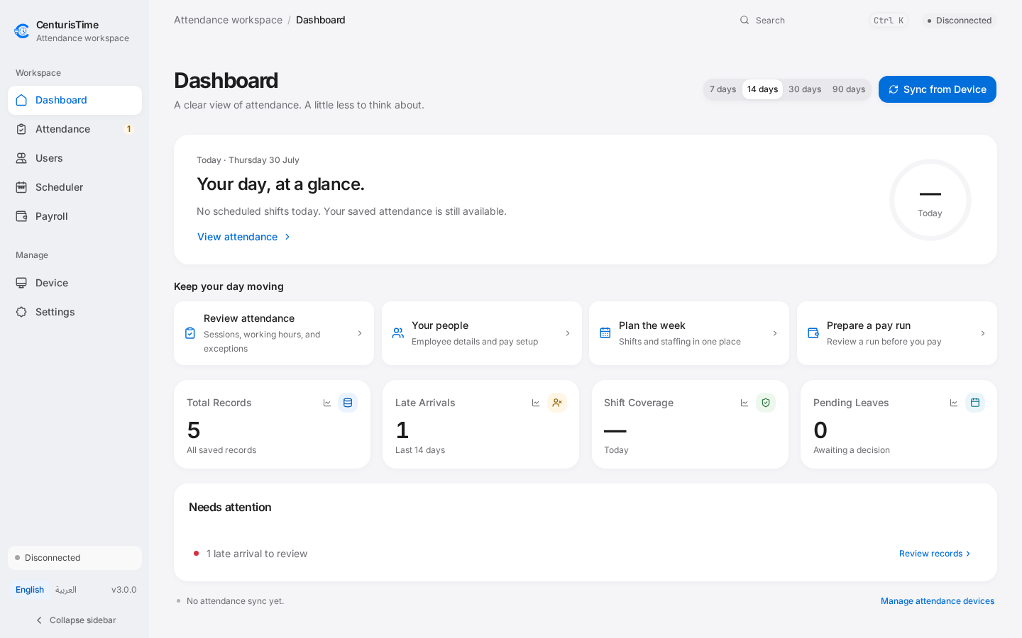 CenturisTime dashboard showing attendance, people, scheduling and payroll shortcuts with sample records.